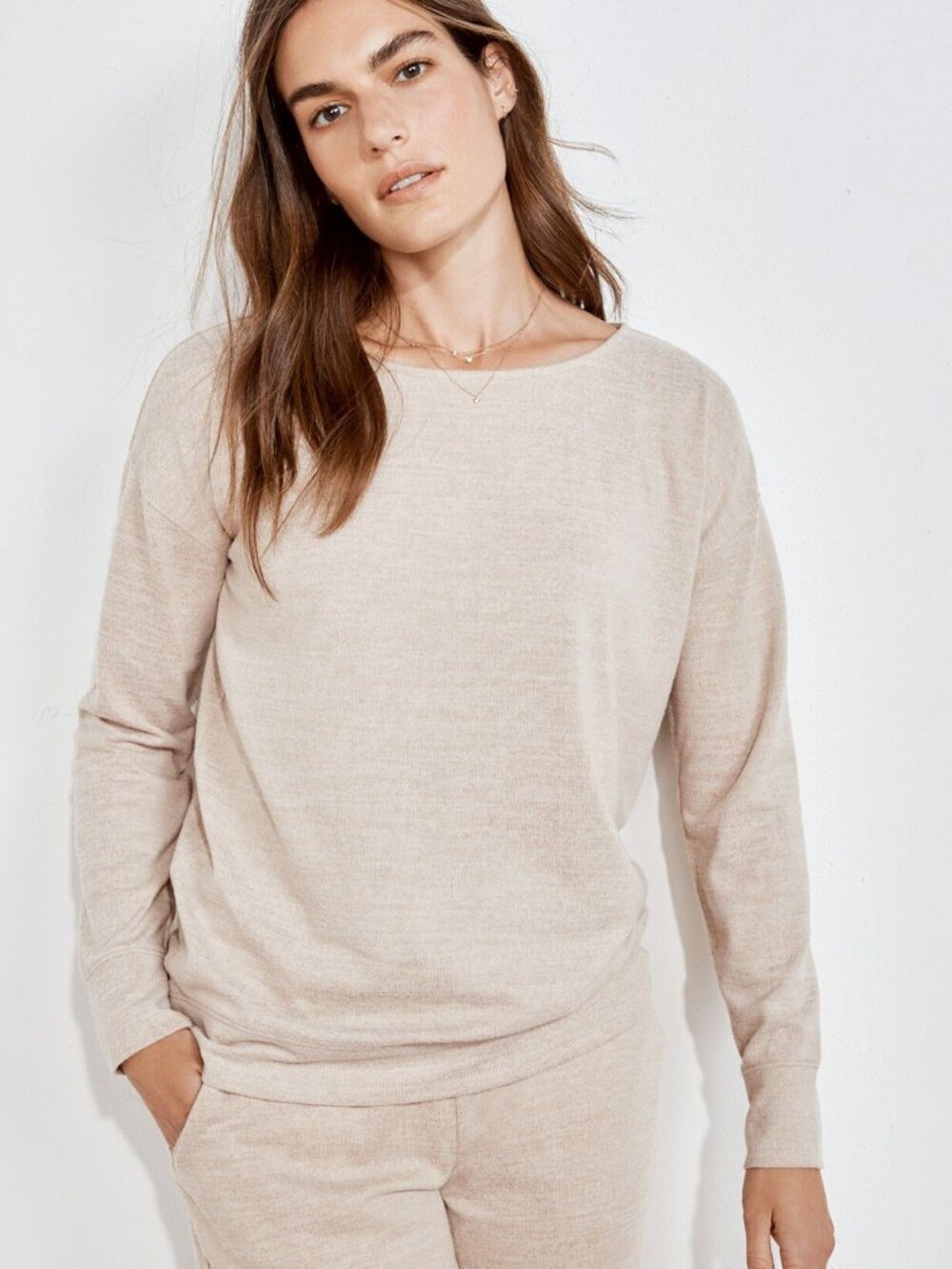 NEW Haven Well Within Cappuccino Heather Long Sleeve Boat Neck Knit Tee